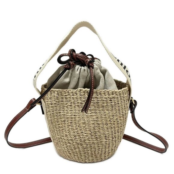Chloe Woody Small Basket Beige Dark Brown Natural Fiber Shoulder Bag 556-081725 - Picture 1 of 8